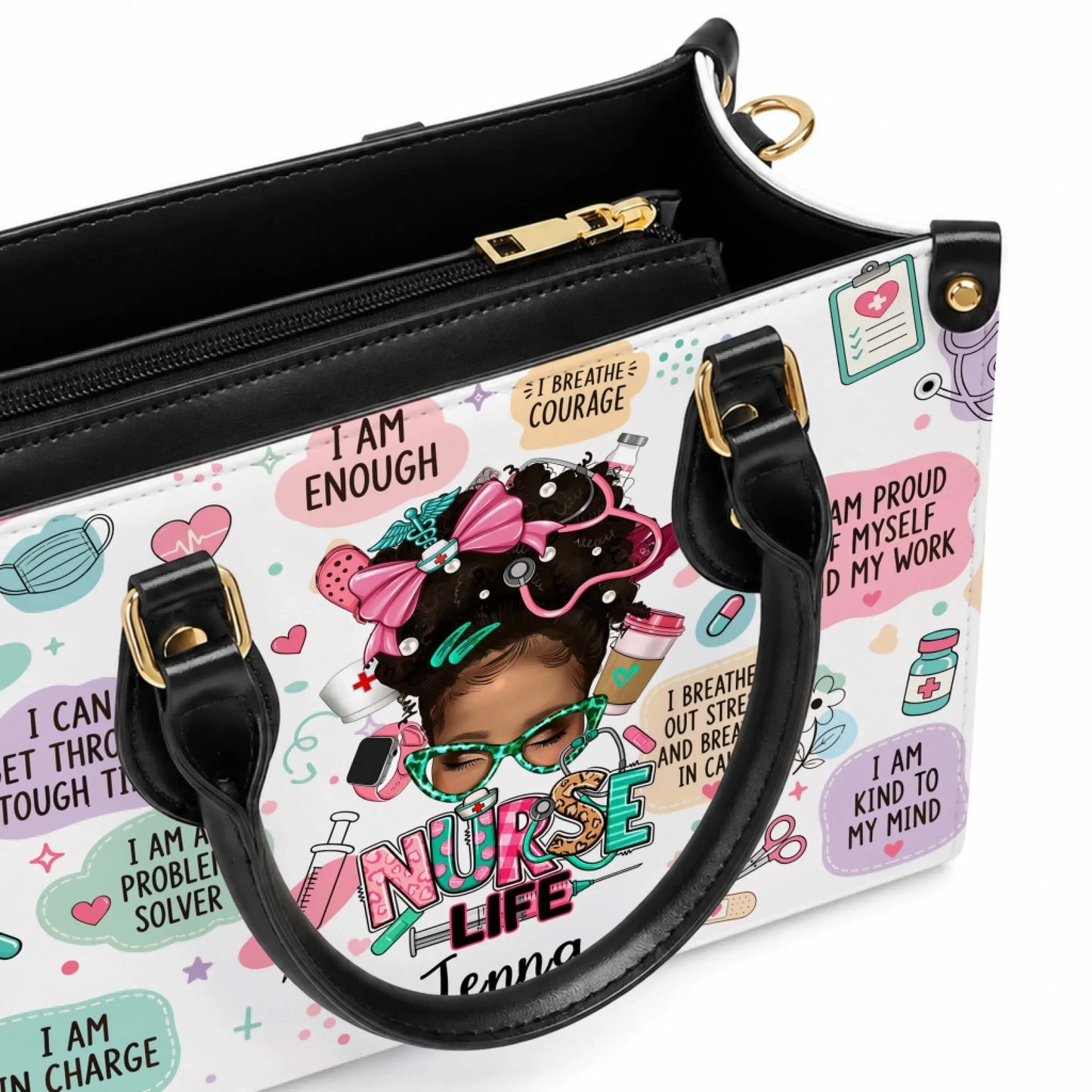 Interior view of a personalized Nurse Life handbag with custom name detail, showcasing high-quality design for medical staff.