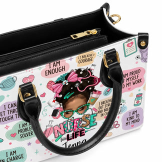 Interior view of a personalized Nurse Life handbag with custom name detail, showcasing high-quality design for medical staff.