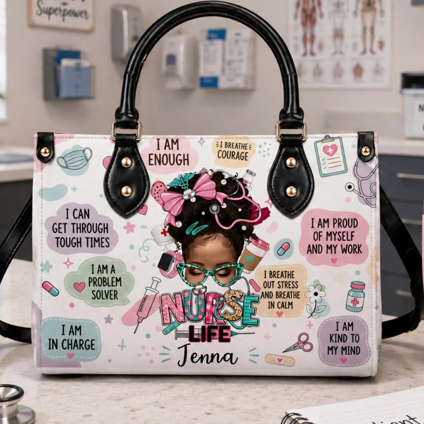 Personalized handbag for nurses featuring a custom name and motivational nursing quotes, perfect for clinical professionals.