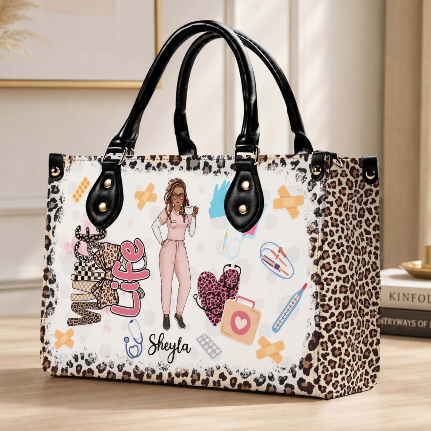 Custom nurse life handbag with leopard print accents and medical gear, perfect personalized gift for a nurse.