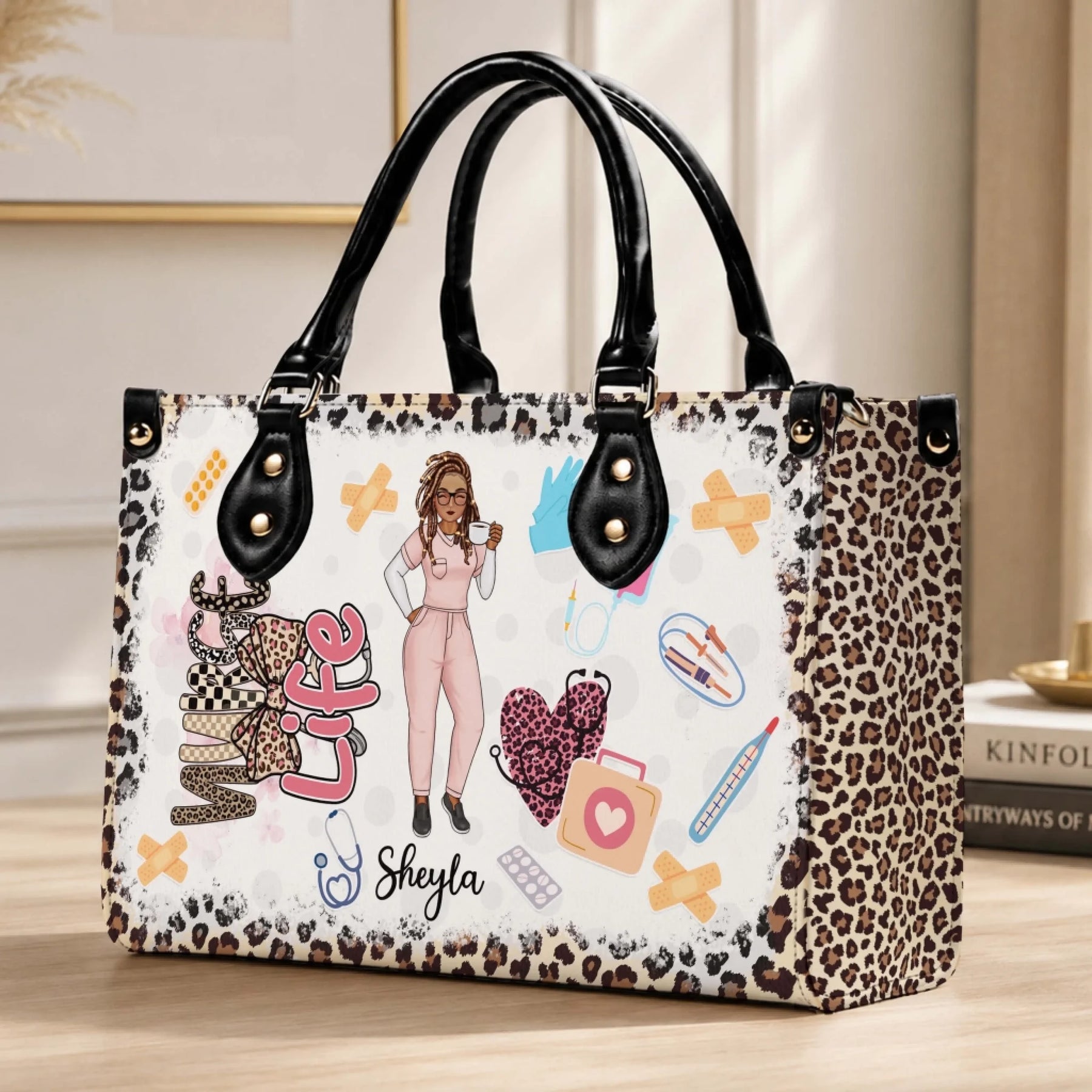 Custom nurse life handbag with leopard print accents and medical gear, perfect personalized gift for a nurse.