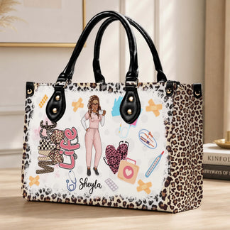 Custom nurse life handbag with leopard print accents and medical gear, perfect personalized gift for a nurse.