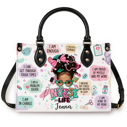 Personalized Nurse Life handbag featuring a custom name design and nursing themed illustrations perfect for nurse appreciation.