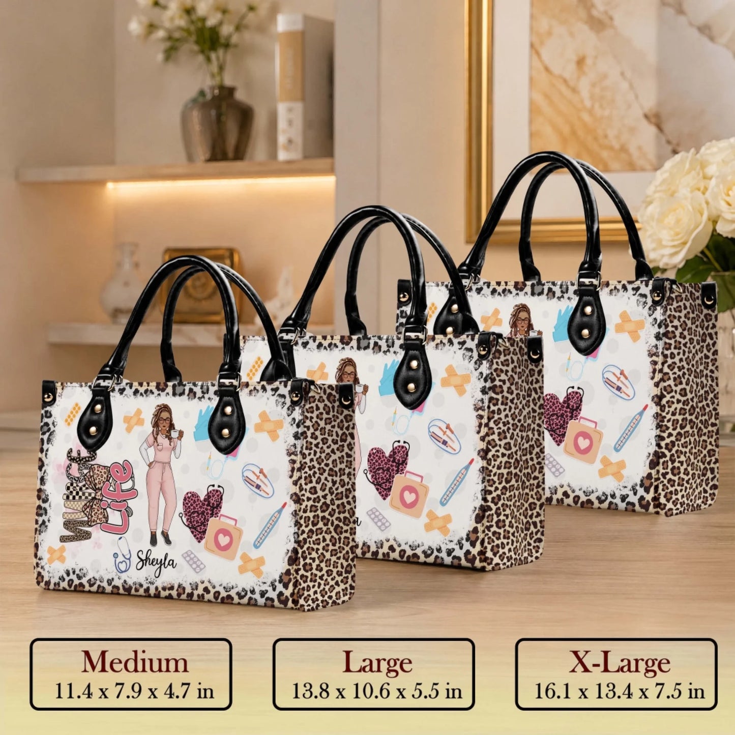 Personalized leopard print nurse handbag featuring medical icons and a custom name perfect for nurse appreciation gifts.