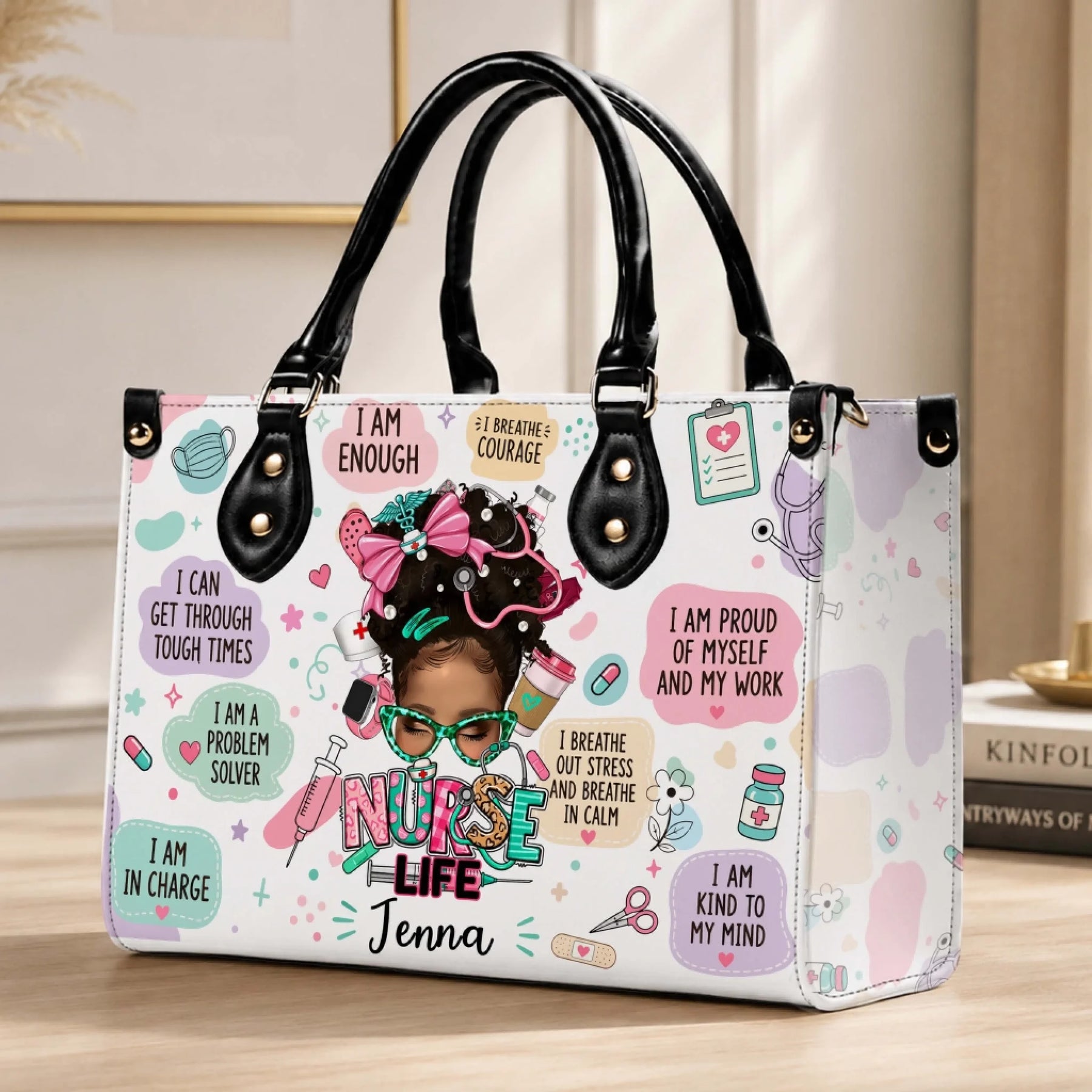 Personalized nurse handbag showcasing custom name and nurse themed artwork, a thoughtful gift for Nurse Appreciation Week.