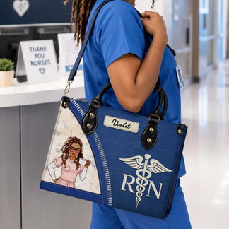 Nurse wearing blue scrubs carrying a personalized RN handbag with a custom name tag for Nurse Appreciation Week.