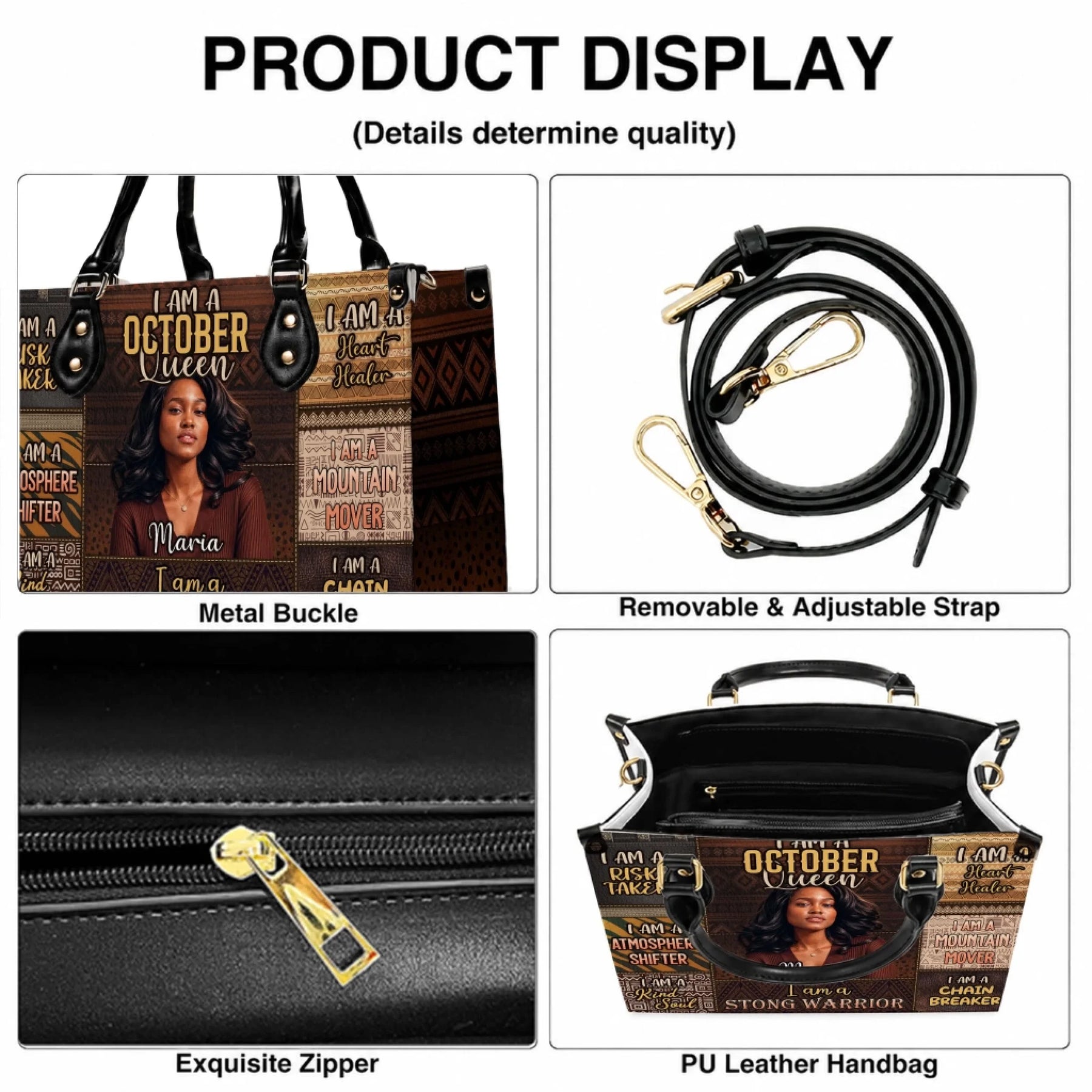 Detailed features of a custom October Queen PU leather handbag including adjustable strap and interior zipper pocket.