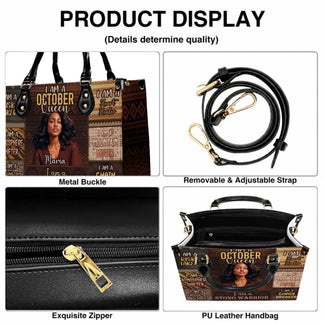 Detailed features of a custom October Queen PU leather handbag including adjustable strap and interior zipper pocket.