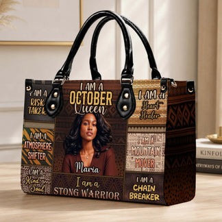 Personalized October Queen handbag featuring a custom photo and name with empowering quotes on patterned brown PU leather.