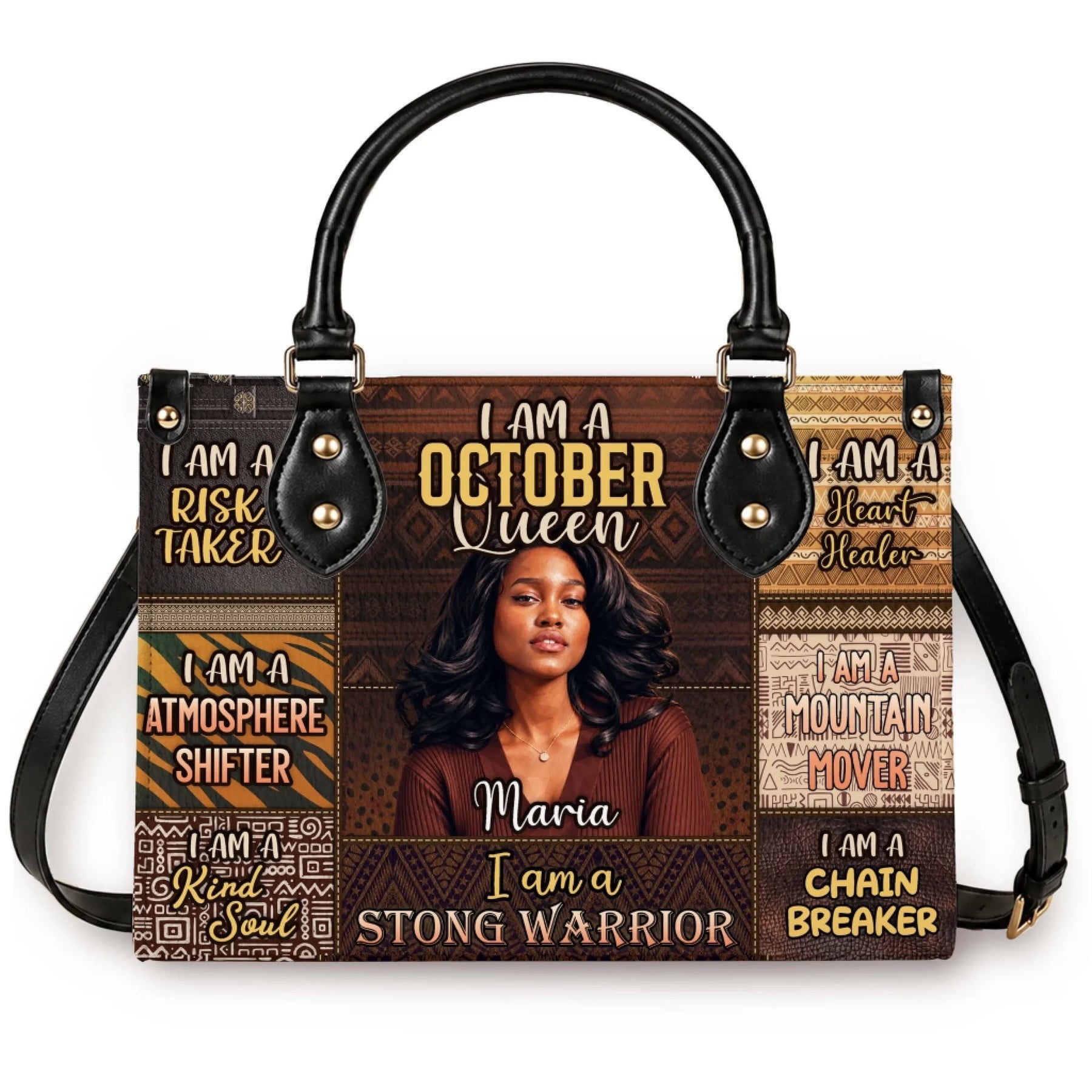 Custom handbag featuring October Queen graphic, a personalized photo, and inspirational quotes perfect for birthday gifts.