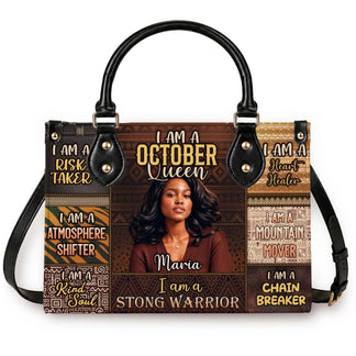 Custom handbag featuring October Queen graphic, a personalized photo, and inspirational quotes perfect for birthday gifts.
