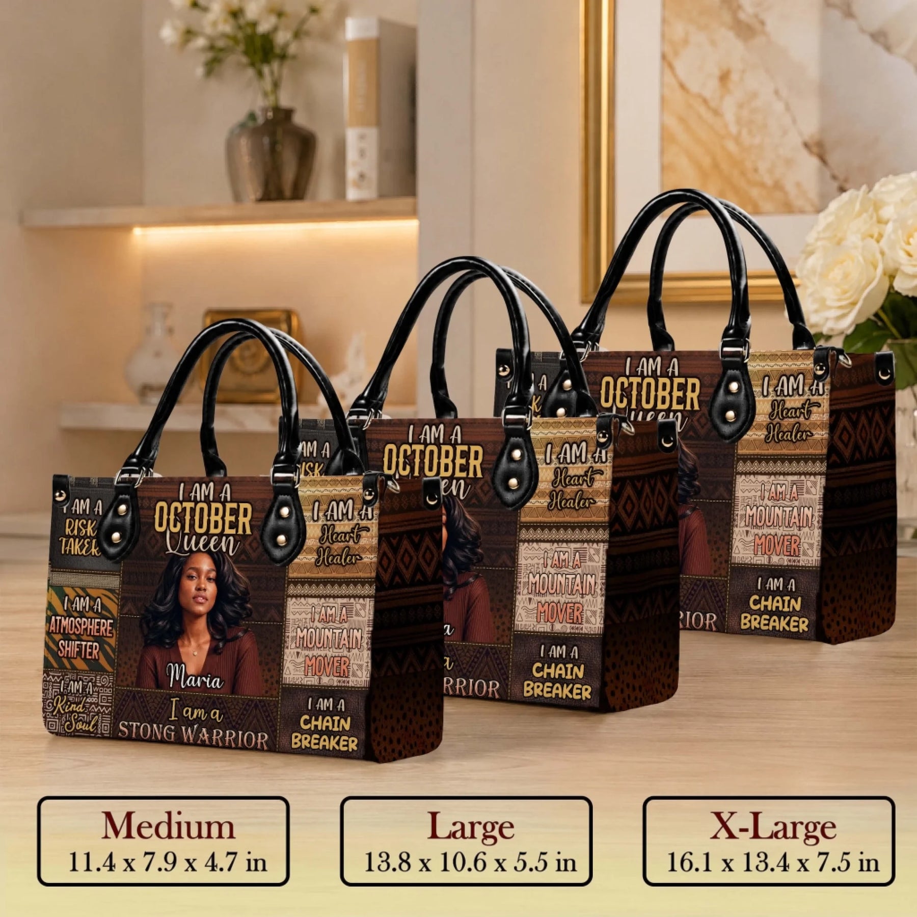Customized October Queen leather tote bags in medium, large, and extra large sizes with empowering quotes and photo.