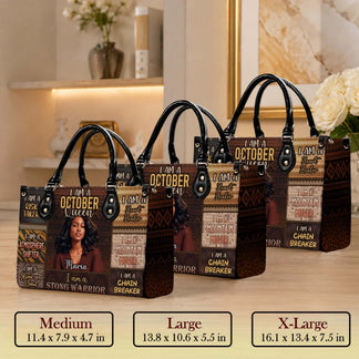 Customized October Queen leather tote bags in medium, large, and extra large sizes with empowering quotes and photo.