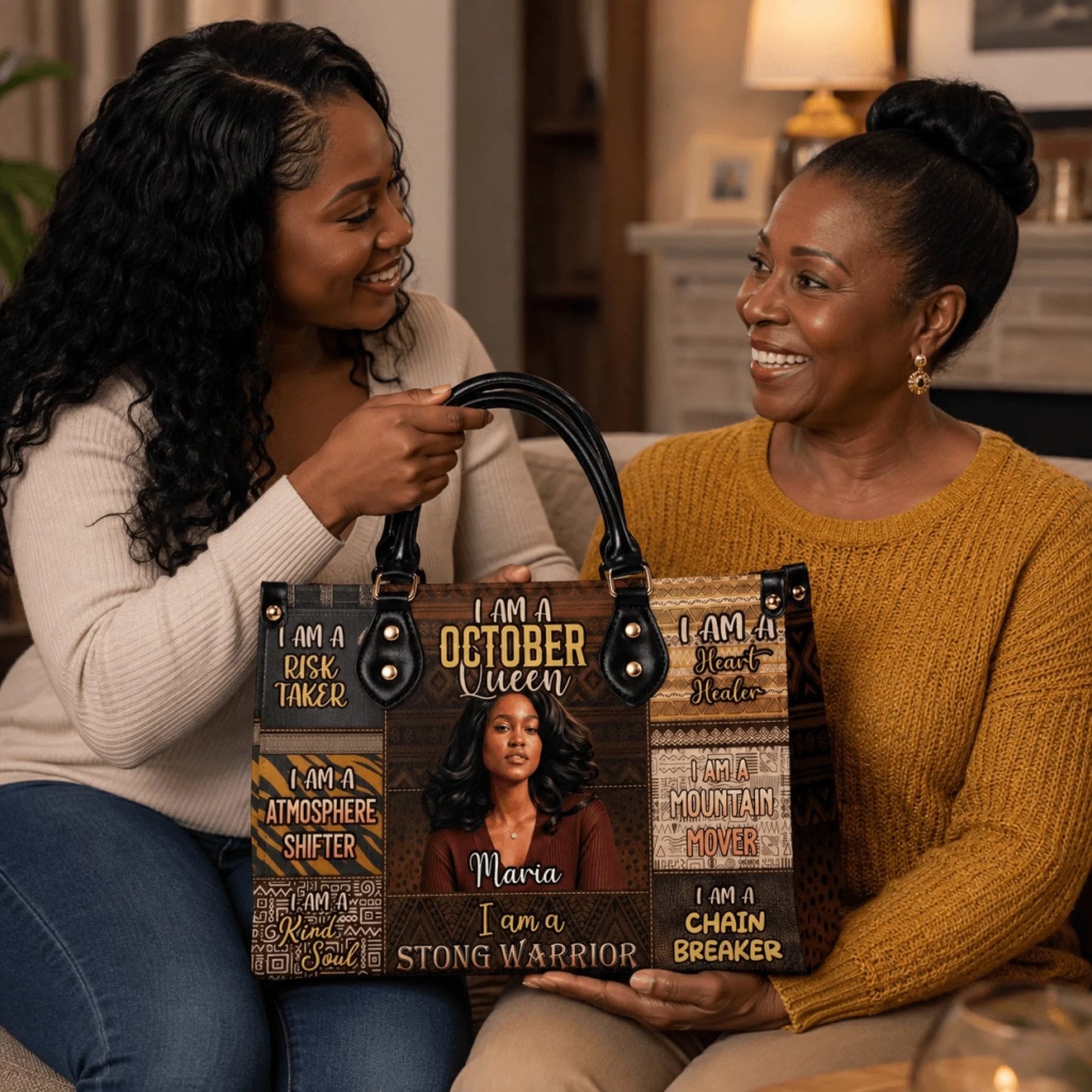Two women holding a personalized October Queen handbag with a custom photo and empowering quotes, ideal for gifts.