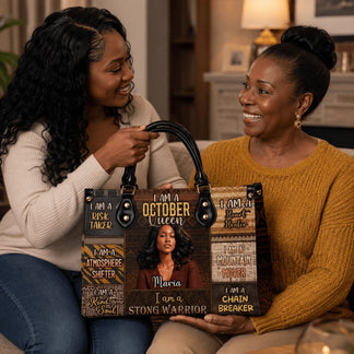 Two women holding a personalized October Queen handbag with a custom photo and empowering quotes, ideal for gifts.