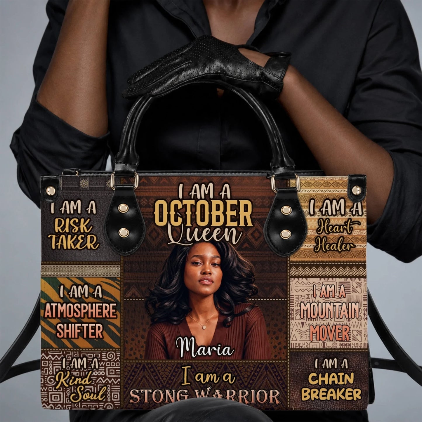 Close up of a personalized October Queen shoulder bag featuring a custom photo, name, and empowering message.