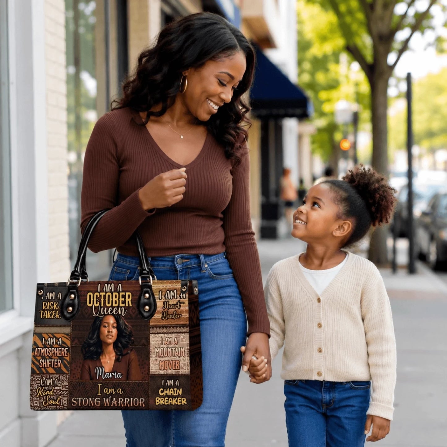 Mom and daughter walking with a custom October Queen personalized handbag featuring a photo and motivational text.