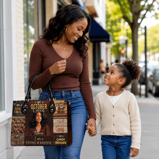 Mom and daughter walking with a custom October Queen personalized handbag featuring a photo and motivational text.
