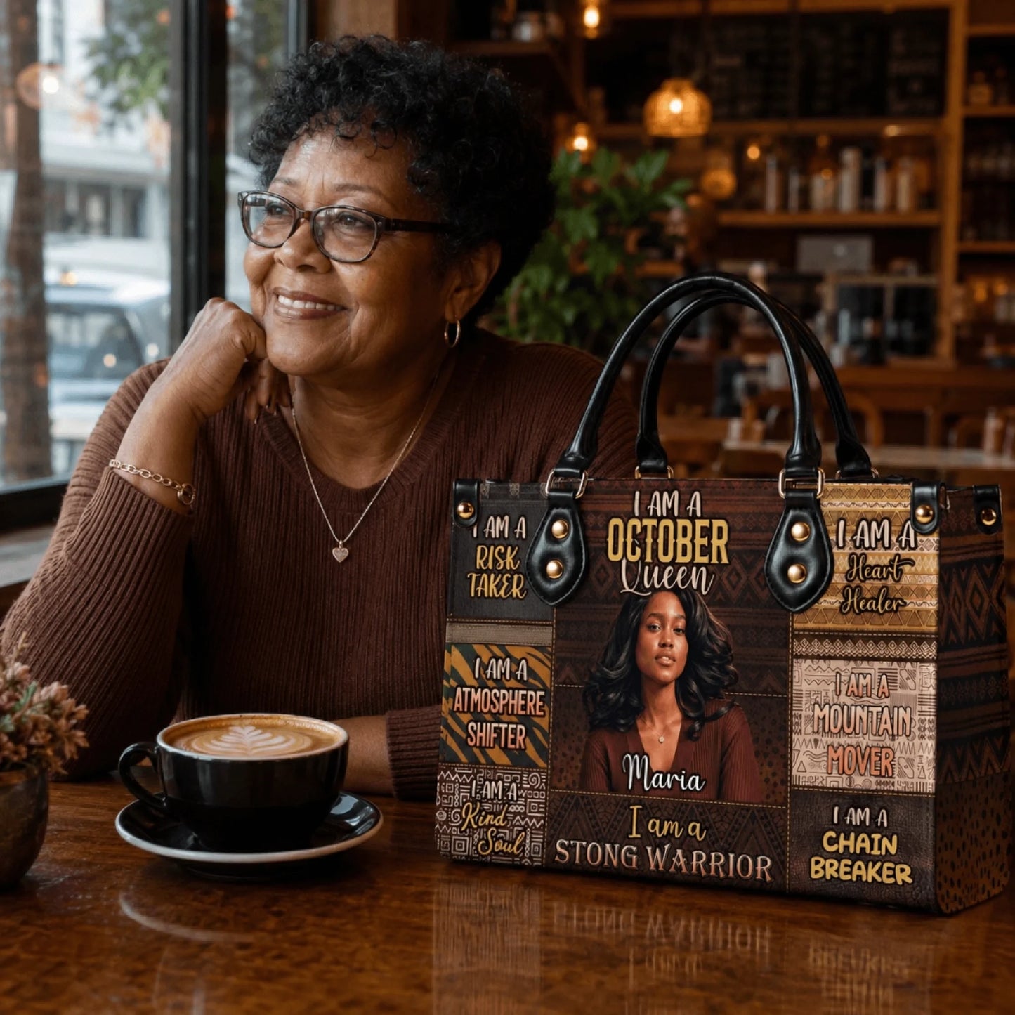 A personalized tote bag featuring a custom photo of a woman, the text I Am An October Queen, and inspirational quotes.