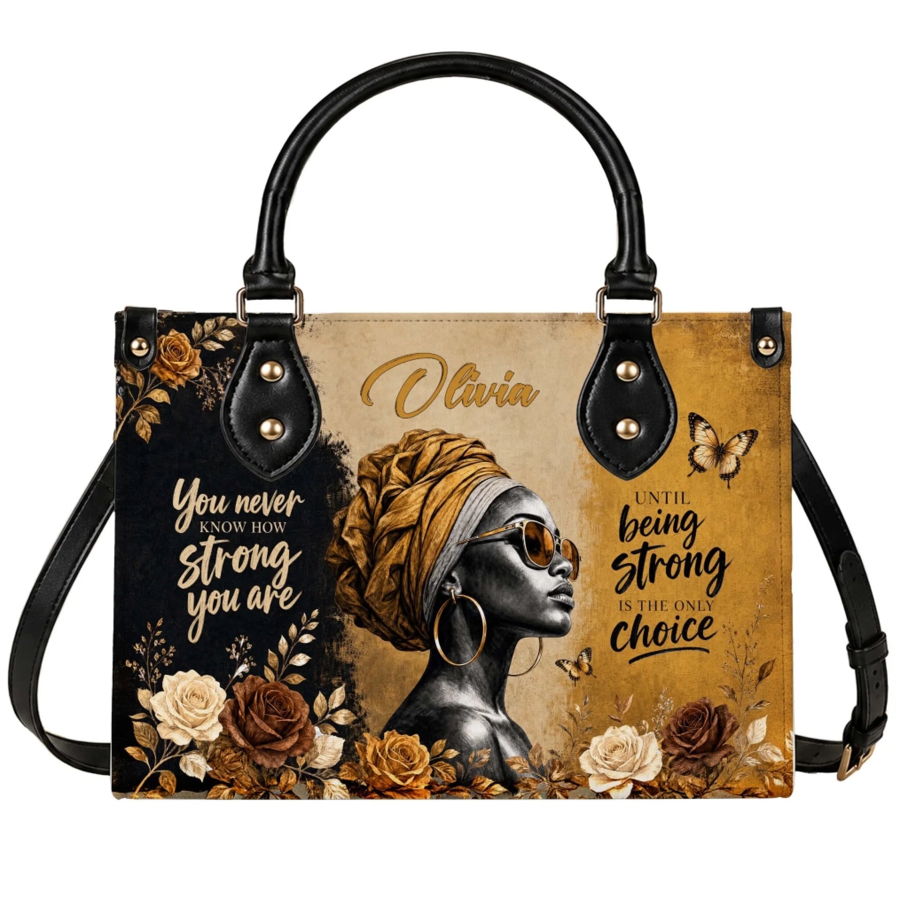 Personalized black woman handbag featuring floral art and inspirational text You never know how strong you are
