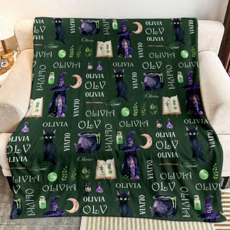 Dark green personalized Halloween throw blanket featuring Olivia name witch hats cats and cauldrons for fans.