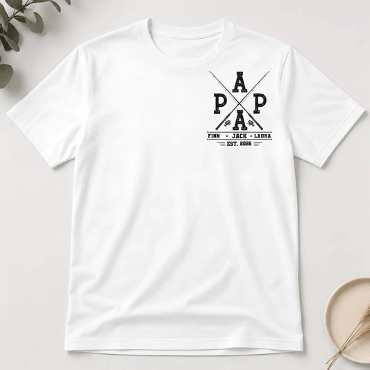White t-shirt for dad featuring a personalized fishing theme with the name Papa and custom kids names established 2026.