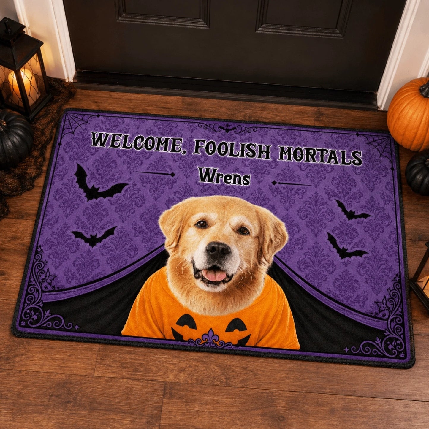 Custom indoor outdoor halloween mat featuring a golden retriever and the spooky quote Welcome Foolish Mortals Wrens.