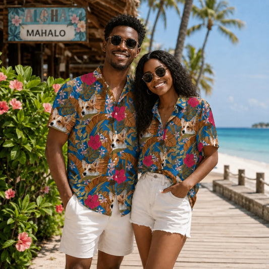Matching couple hawaiian shirts featuring a custom pet face print for a fun and stylish personalized summer beach look.