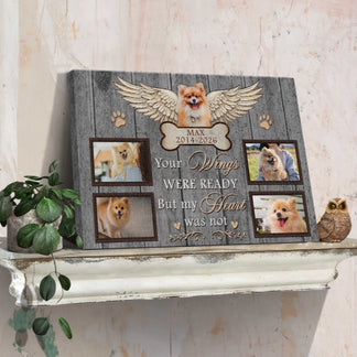 Custom pet memorial canvas featuring four photos, angel wings design, name Max, and pet sympathy text.