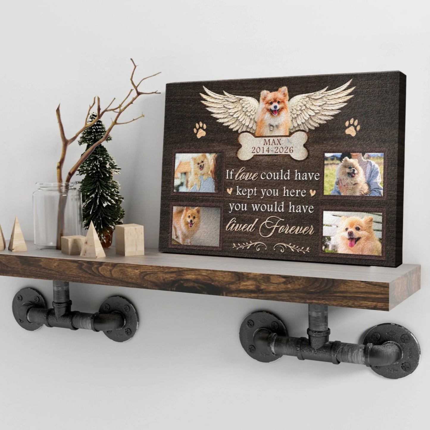 Custom pet memorial canvas featuring photo collage, wings, and dates as a comforting sympathy gift for dog lovers.