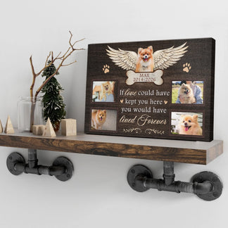 Custom pet memorial canvas featuring photo collage, wings, and dates as a comforting sympathy gift for dog lovers.