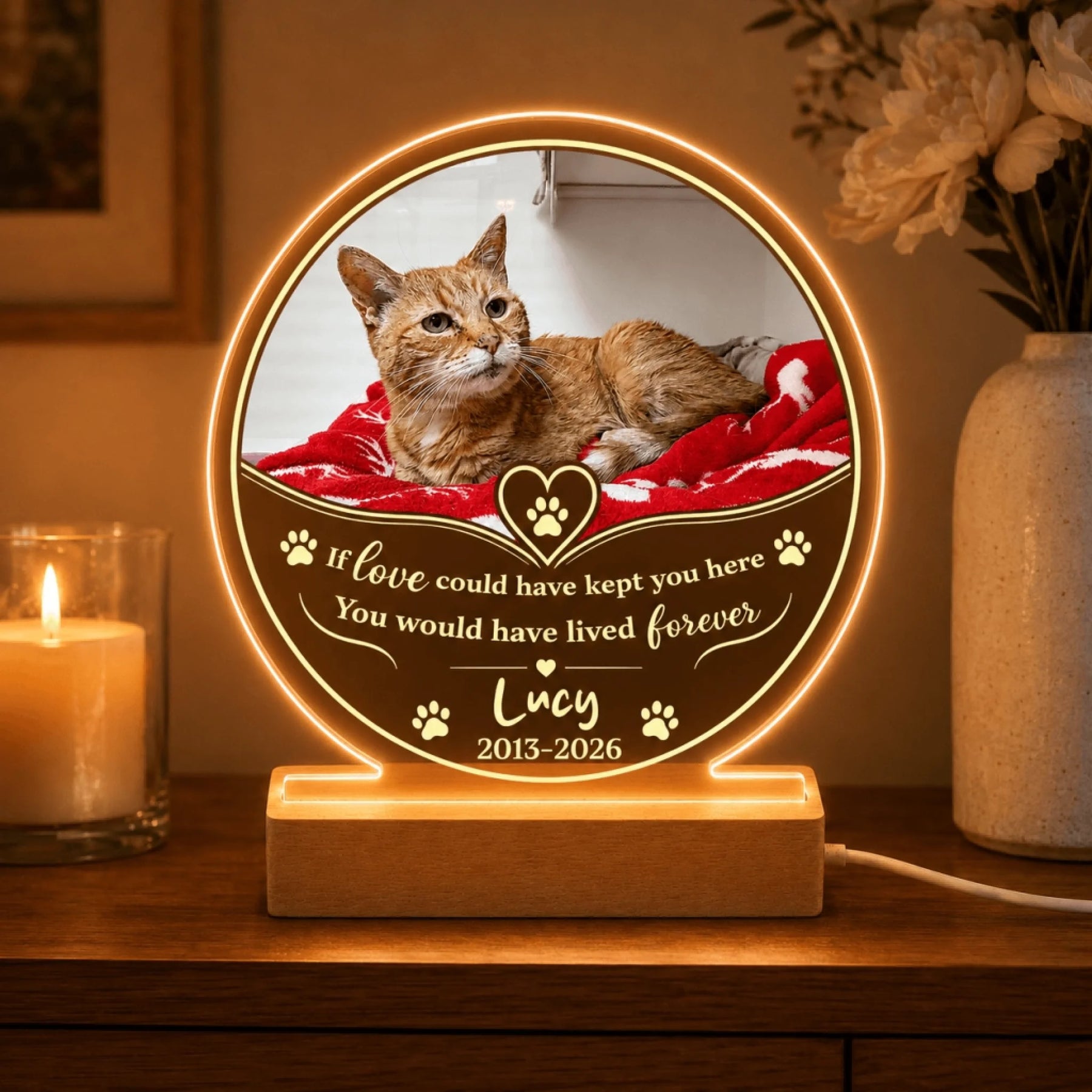 Custom cat memorial light on a wooden base with personalized photo, paw print design, and pet dates, perfect for celebrating a life.