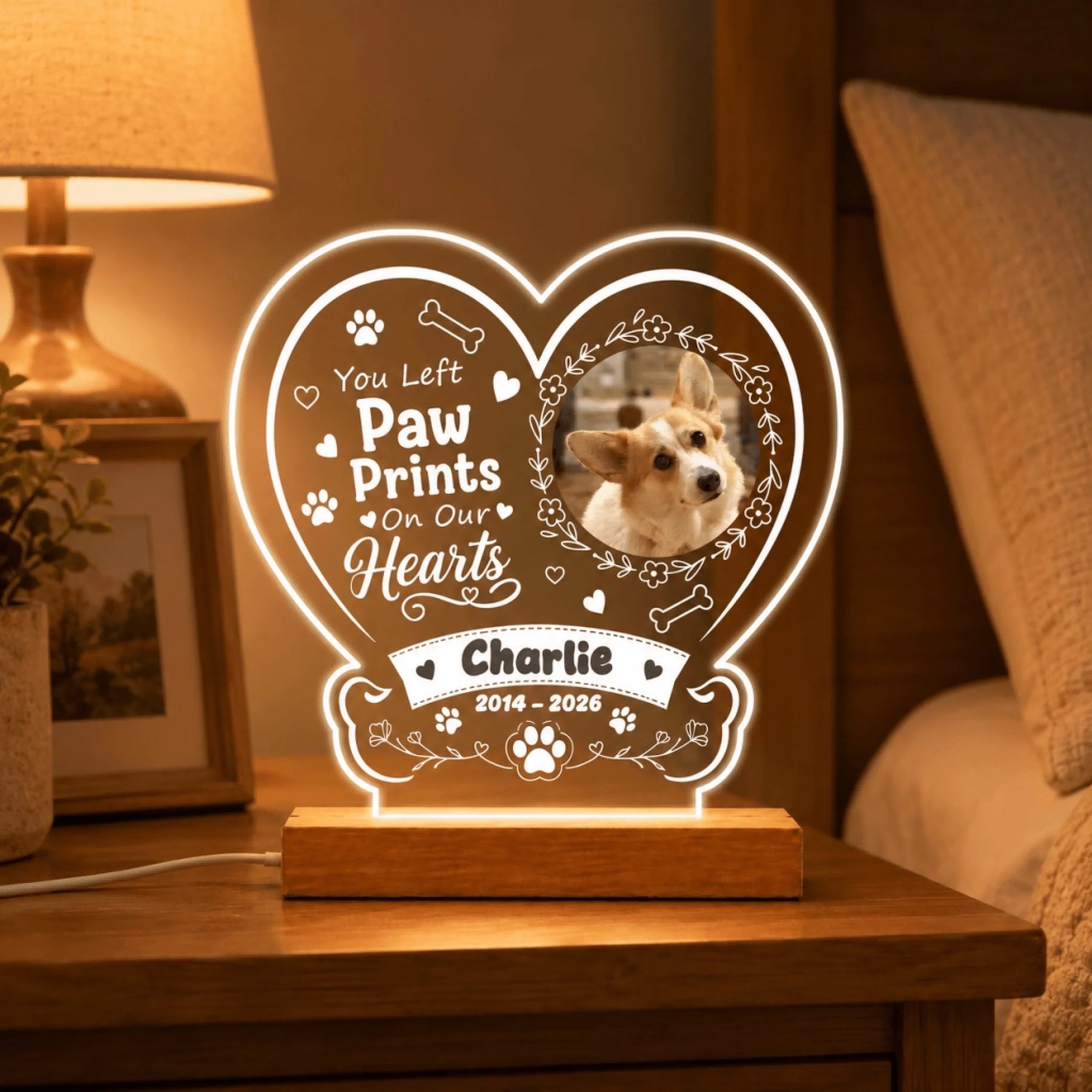 Personalized dog memorial heart night light with custom photo name and dates as a thoughtful gift for loss of pet lovers.