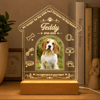 A glowing acrylic house-shaped memorial light with a photo of a beagle named Teddy and pet memorial quotes.
