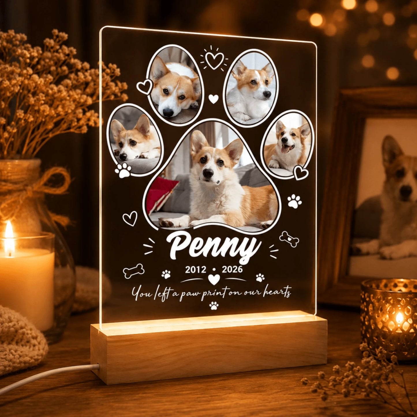 Custom pet loss night light with photos, name Penny, and dates in a paw print design, ideal pet memorial gift.