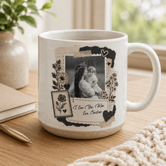 Custom white ceramic mug with a black and white mother-child photo collage, floral graphics, and "I love you, Mom" text.