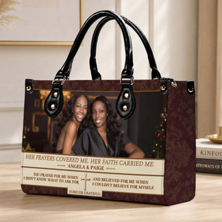 Personalized leather tote bag with custom photo and faith based quote gift for her
