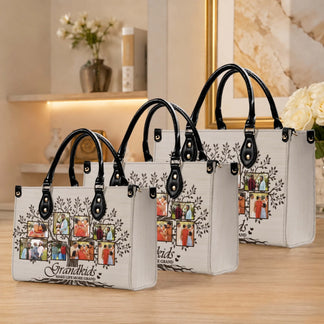 Set of personalized family tree handbags featuring custom photo collages, a unique and thoughtful gift for grandma.