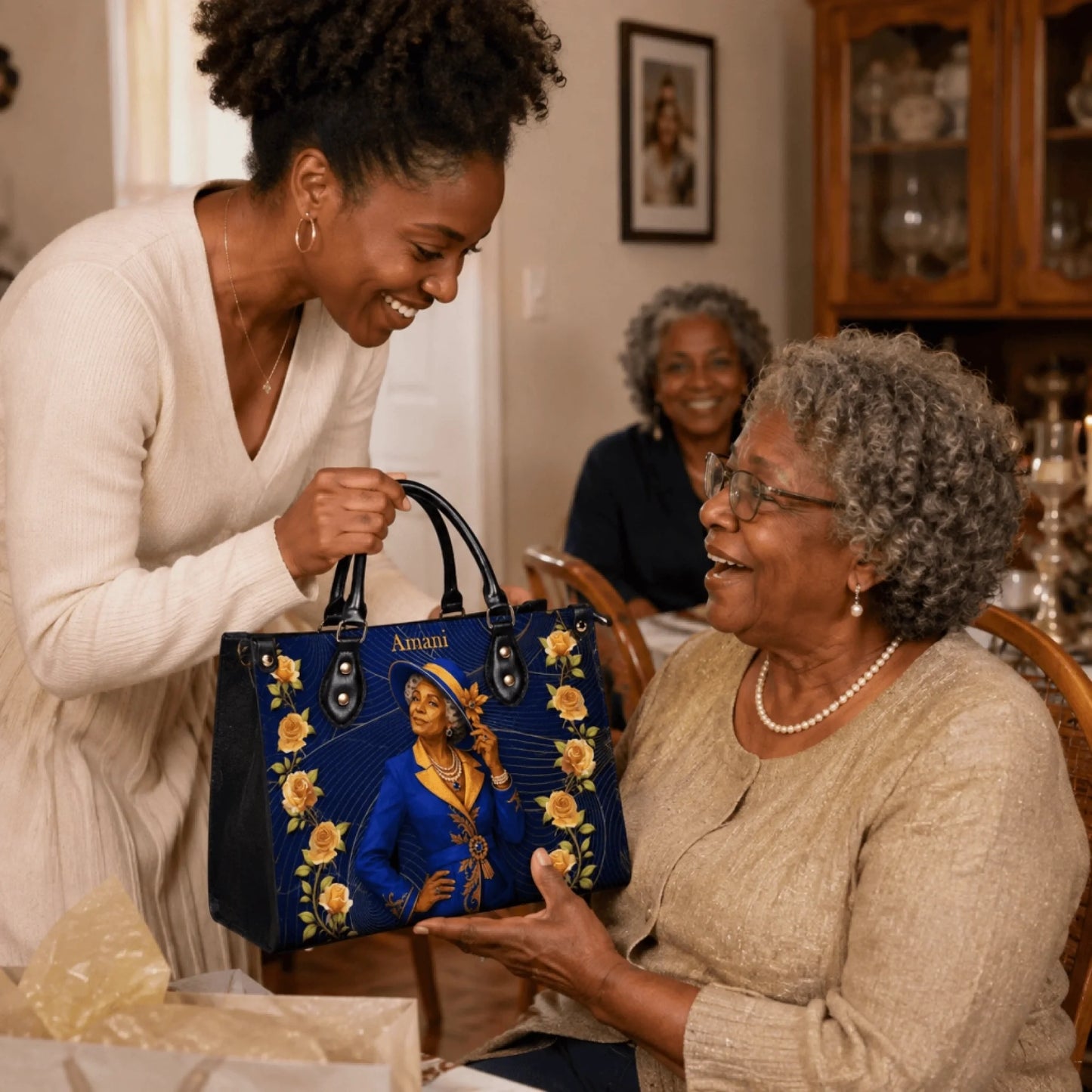 Woman gifting a personalized portrait handbag featuring a blue suit lady and roses to her smiling grandmother.