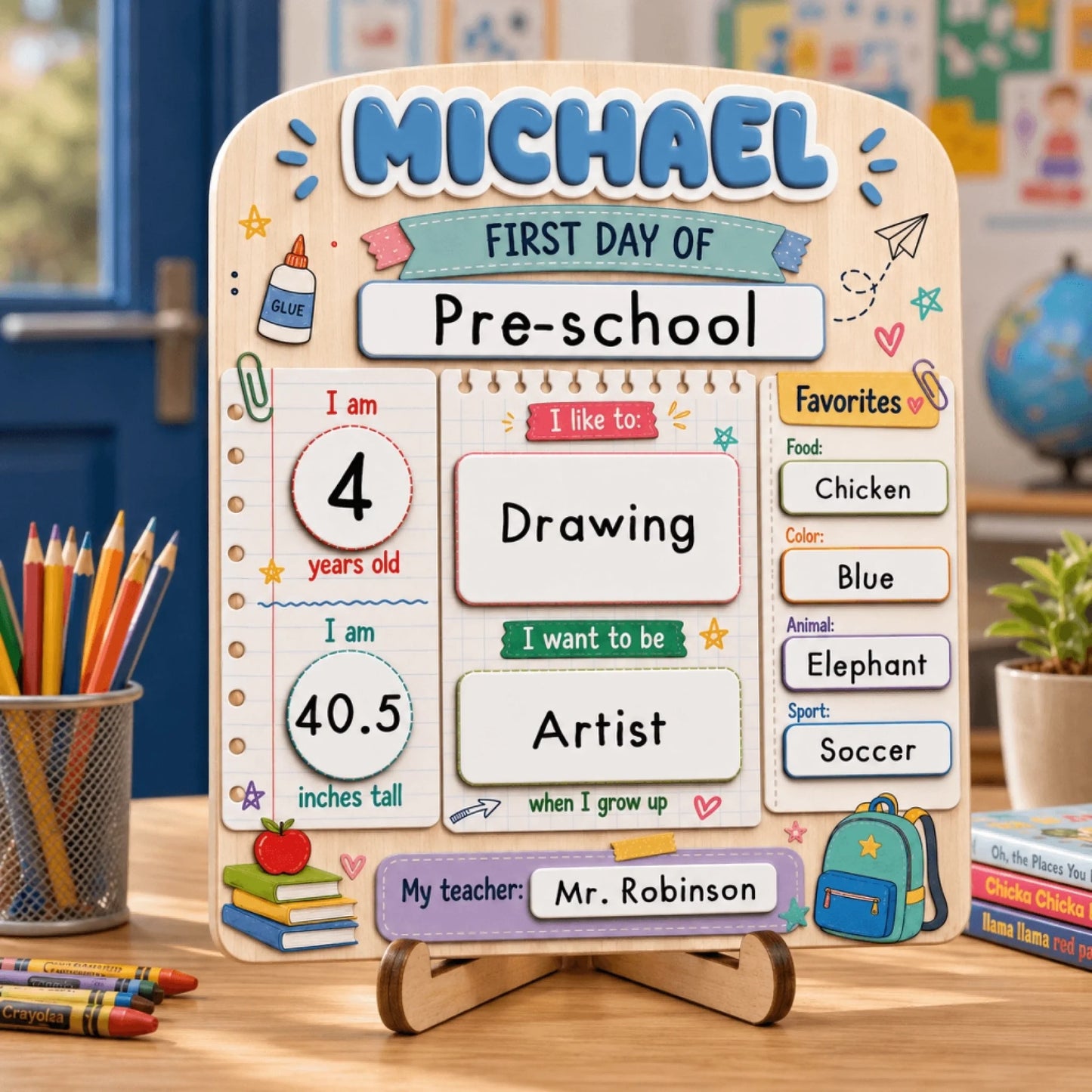 Customizable wooden first day of preschool board featuring child name, age, height, interests, and teacher information.