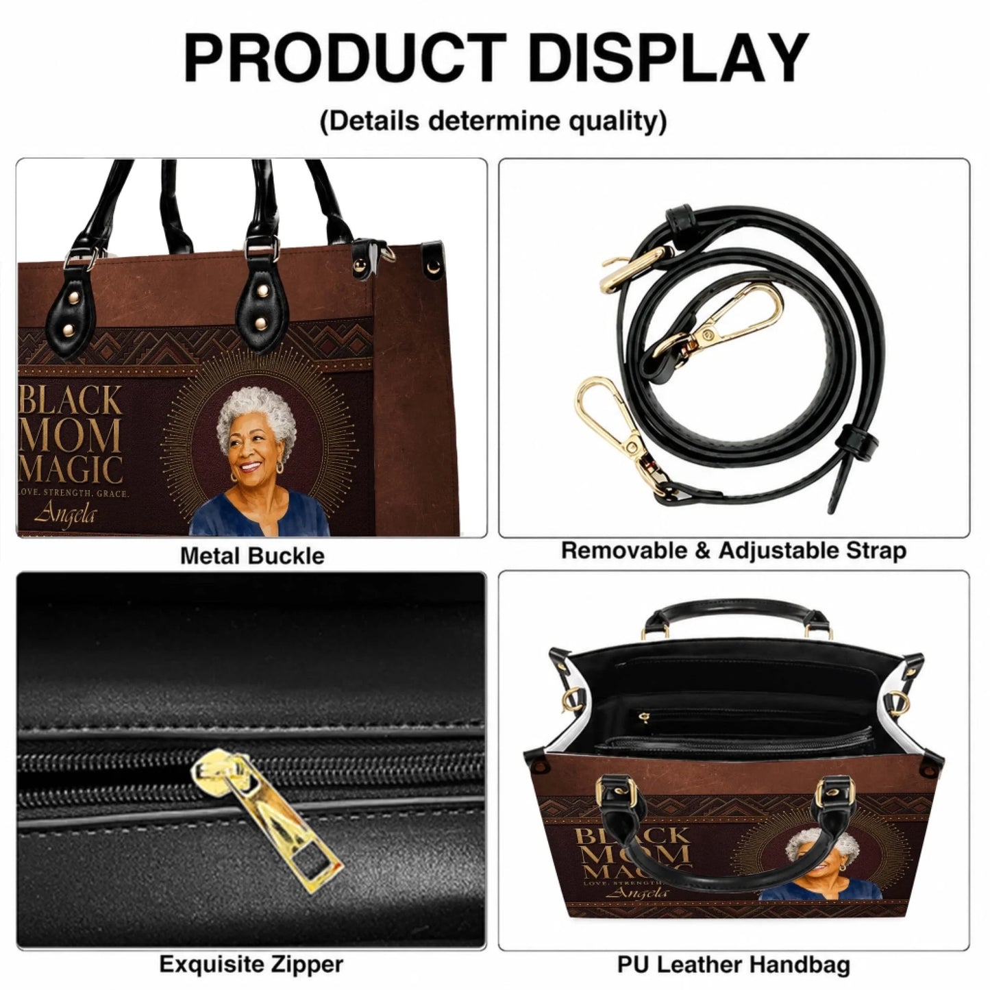 Product details of a custom brown leather handbag showing metal buckle, adjustable shoulder strap, and quality zipper.