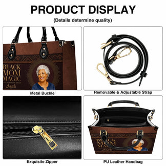Product details of a custom brown leather handbag showing metal buckle, adjustable shoulder strap, and quality zipper.