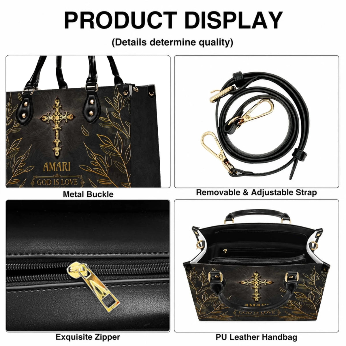 A product detail view of a black personalized handbag showing the metal buckle adjustable strap sturdy zipper and spacious interior.