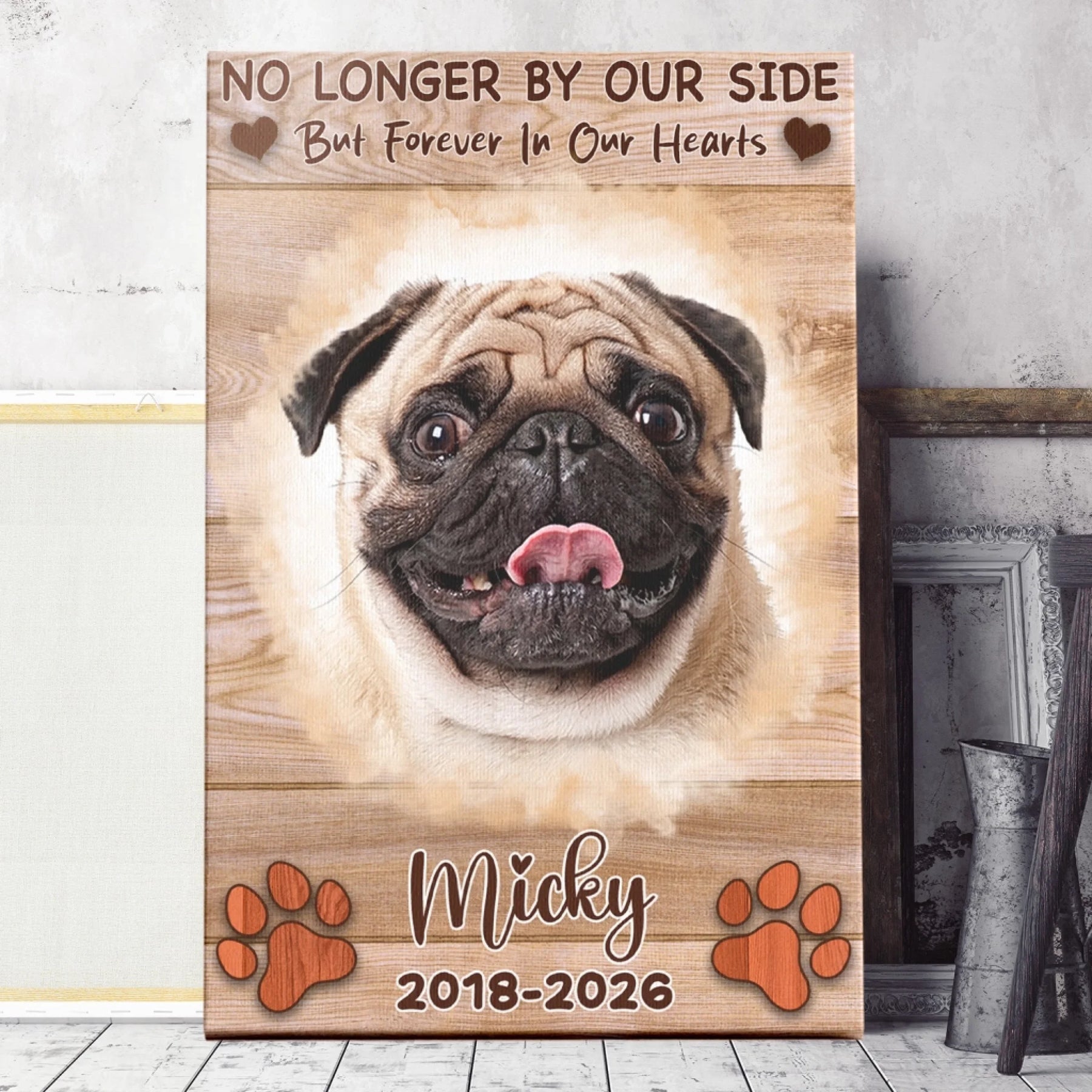 Custom memorial wall decor with pug portrait and Micky 2018 2026 text perfect for honoring a beloved lost pet