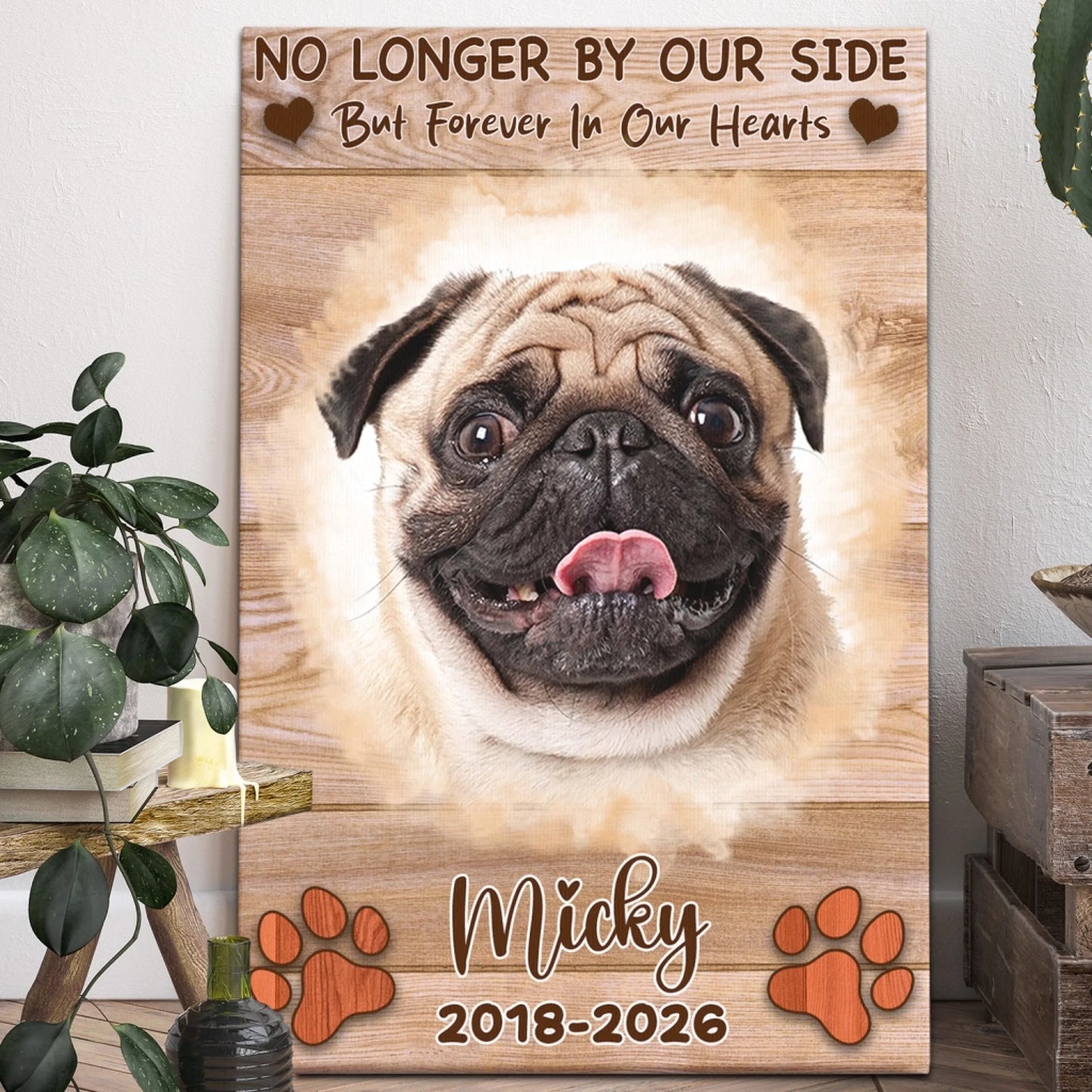Custom pet memorial wooden sign featuring a pug portrait with Micky name and 2018 2026 dates for pet loss sympathy gift