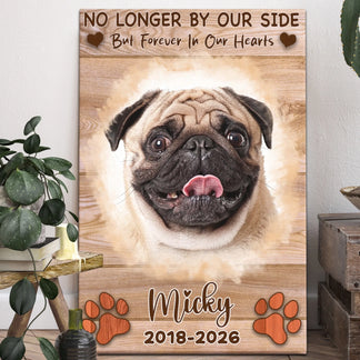 Custom pet memorial wooden sign featuring a pug portrait with Micky name and 2018 2026 dates for pet loss sympathy gift