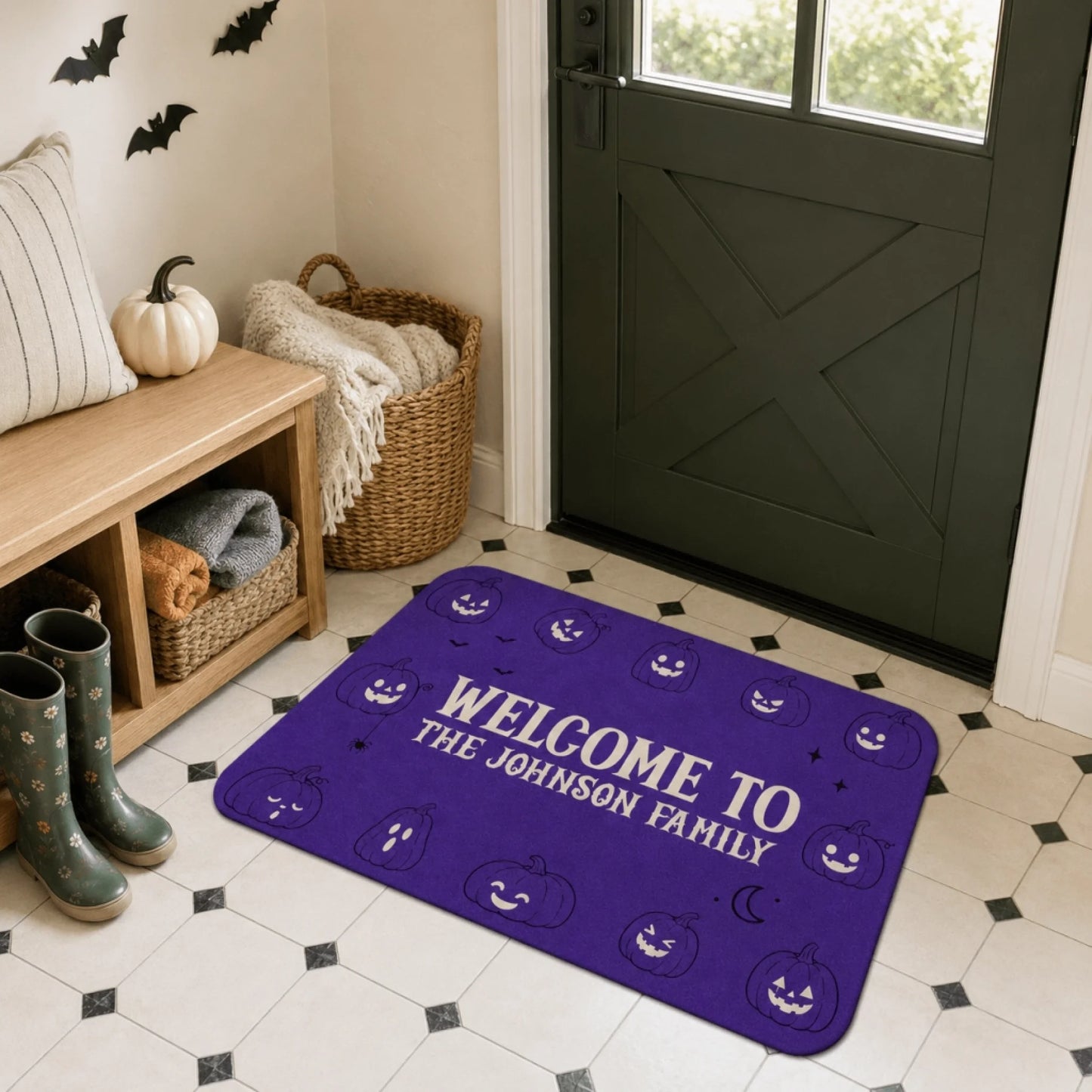 Customized welcome to the johnson family purple doormat featuring spooky pumpkin graphics for halloween entryways