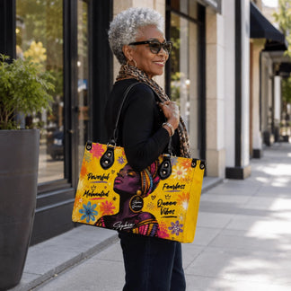 Stylish woman with gray hair wearing sunglasses and carrying a personalized melanated queen vibes tote bag accessory
