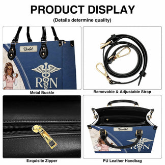 A navy blue personalized nurse tote bag featuring a caduceus symbol and custom name Violet, perfect for nursing gifts.
