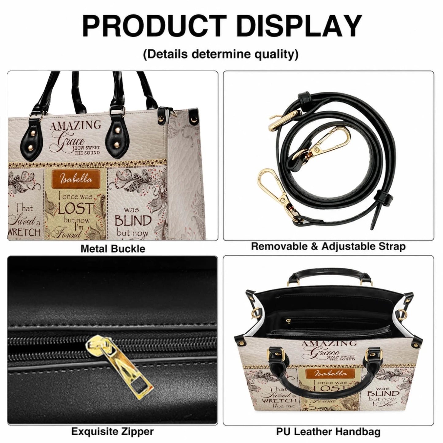 Features of a custom Amazing Grace leather handbag including metal buckles a removable strap and quality zippers.